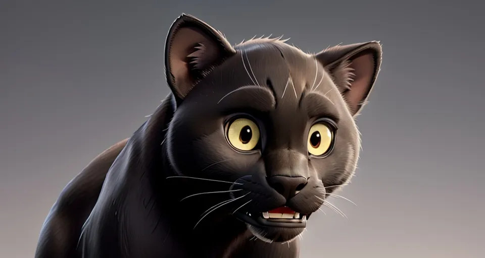 a black panther with yellow eyes and a creepy look on its face