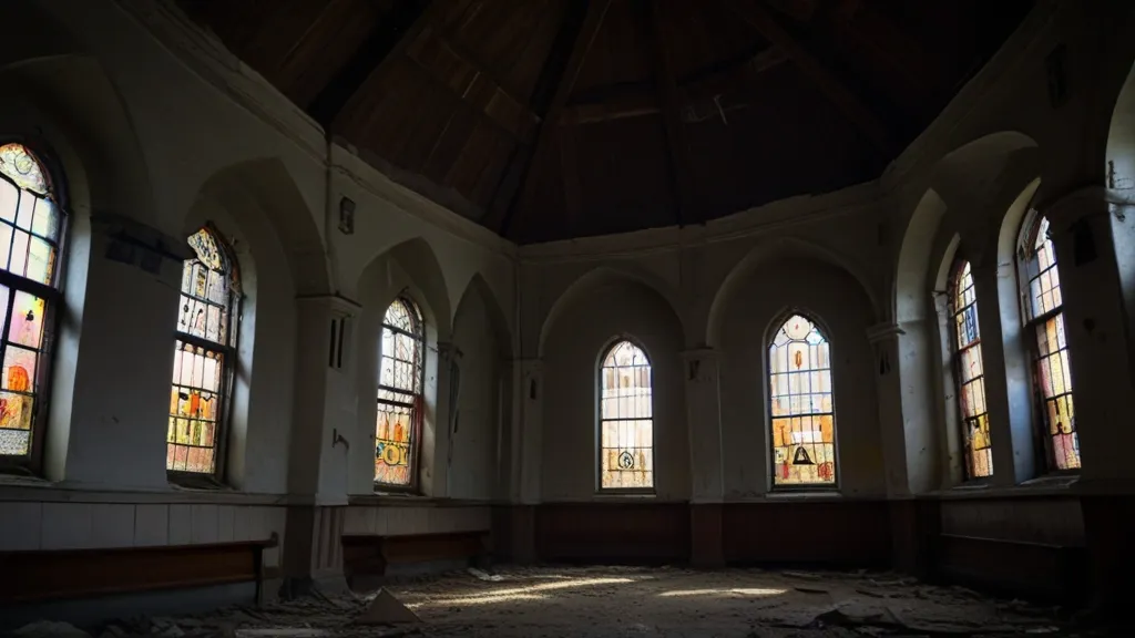 a large room with three windows and a lot of debris on the floor