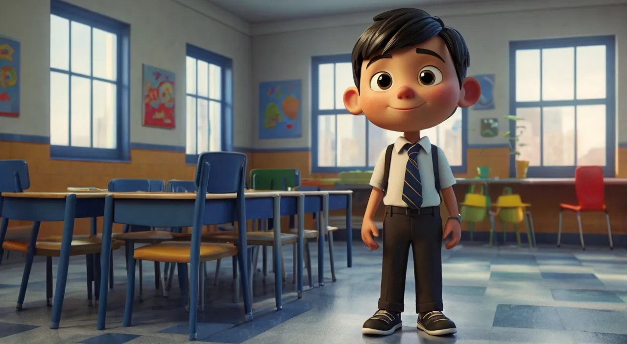 a young boy standing in a classroom in front of a desk