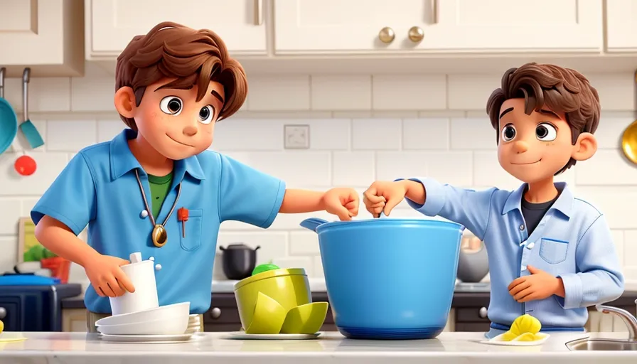 two boys standing next to each other in a kitchen