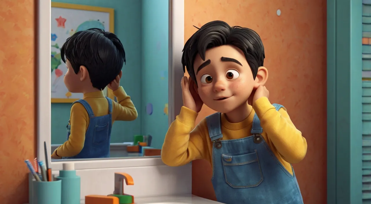 a cartoon boy looking at himself in the mirror