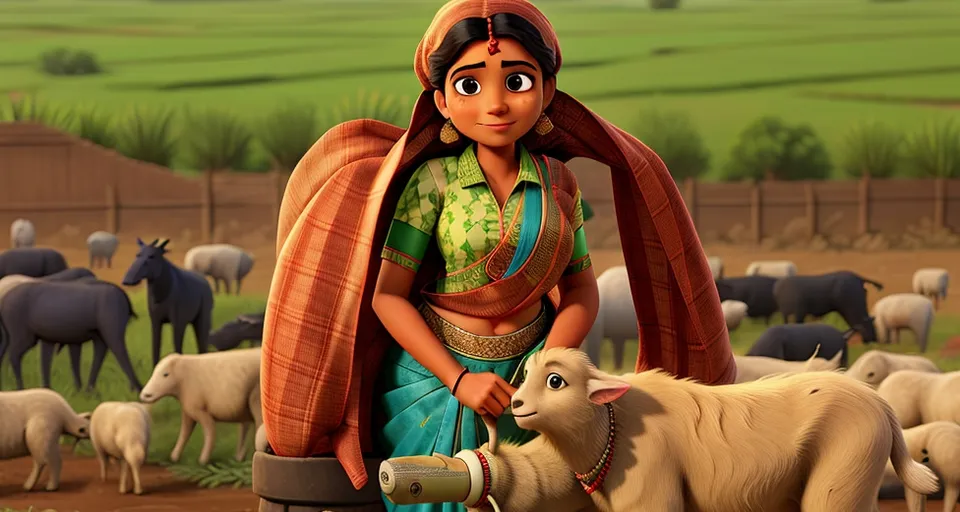 a woman in a green sari standing next to a sheep