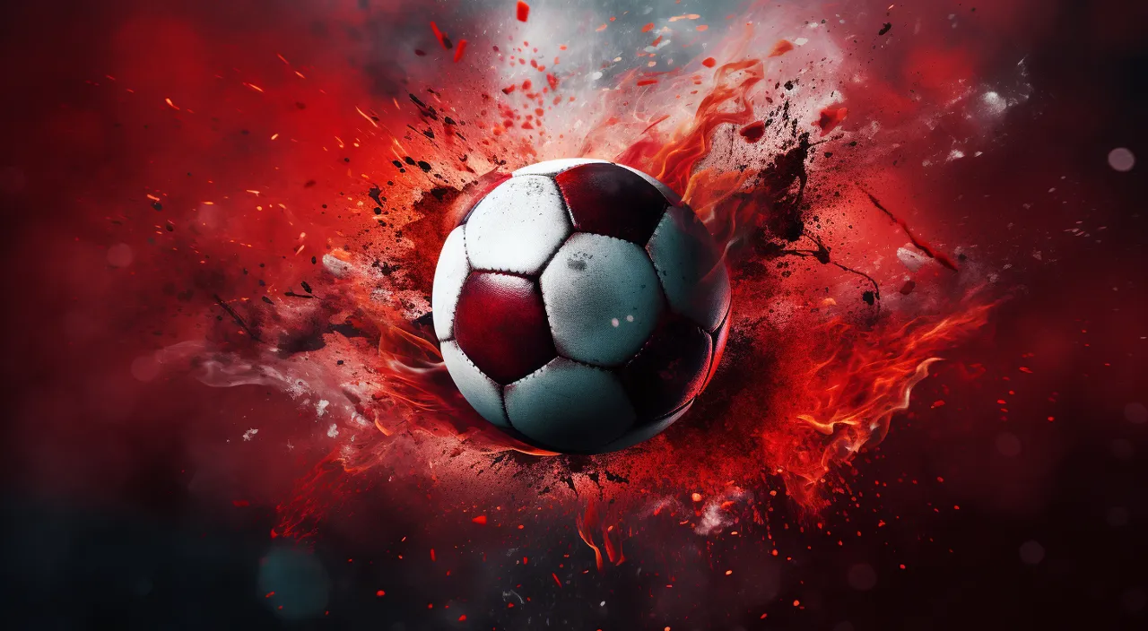 a soccer ball in the middle of a red and black background