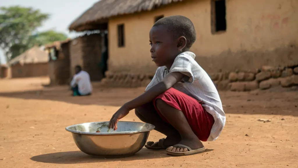 a young boy sitting on the ground next to a bowl, 3d animation