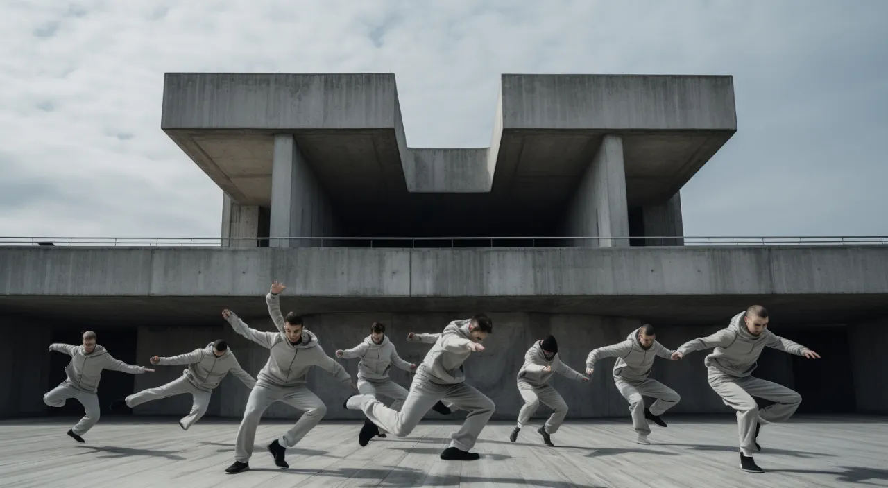 a group of men in white suits are dancing beating techno music in front of a building