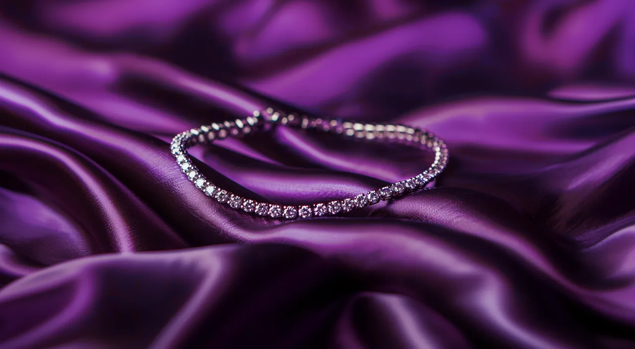 a close up of a diamond bracelet on a purple satin