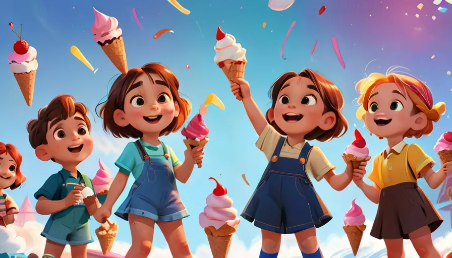 a group of children standing next to each other eating ice cream