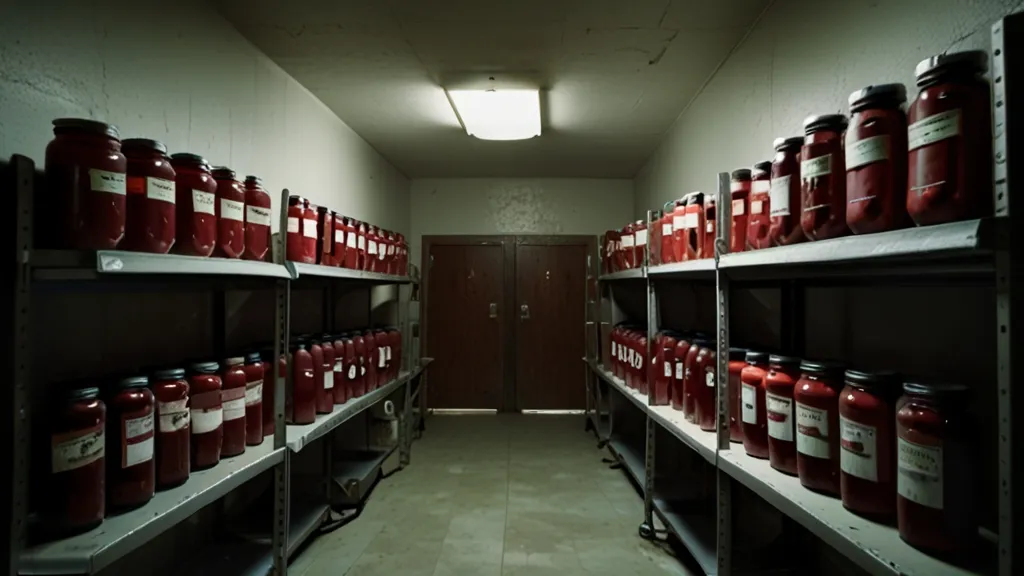 a room filled with lots of red jars