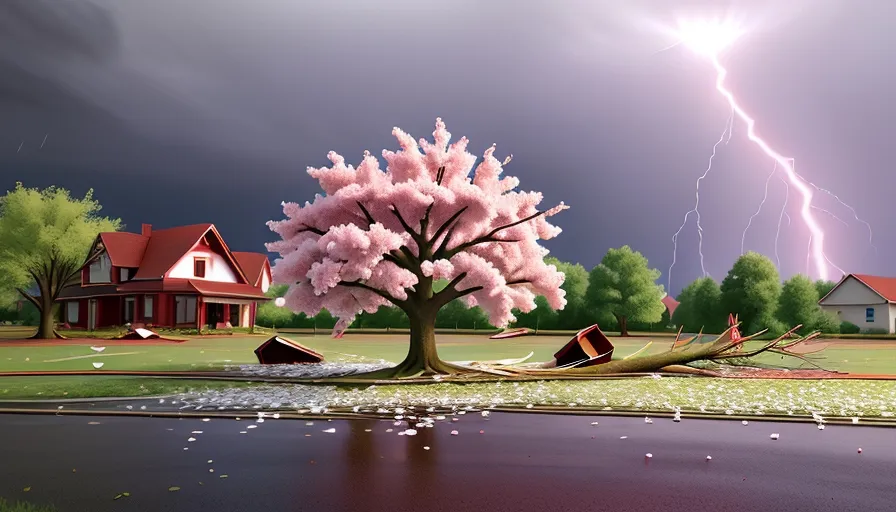 a painting of a tree with a lightning in the background