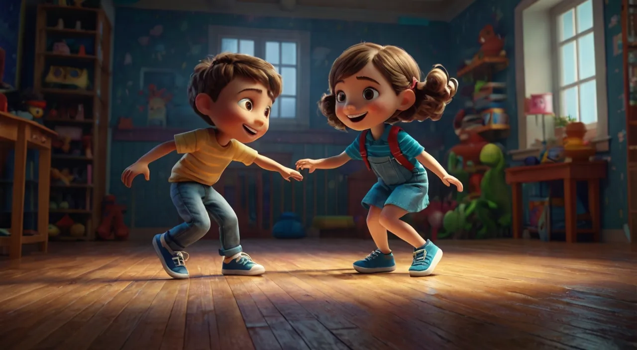 a boy and a girl dancing in a room