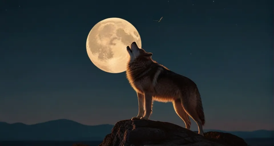 a wolf standing on a rock looking up at the moon