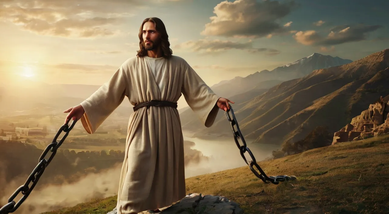 jesus standing on a hill with chains in his hands