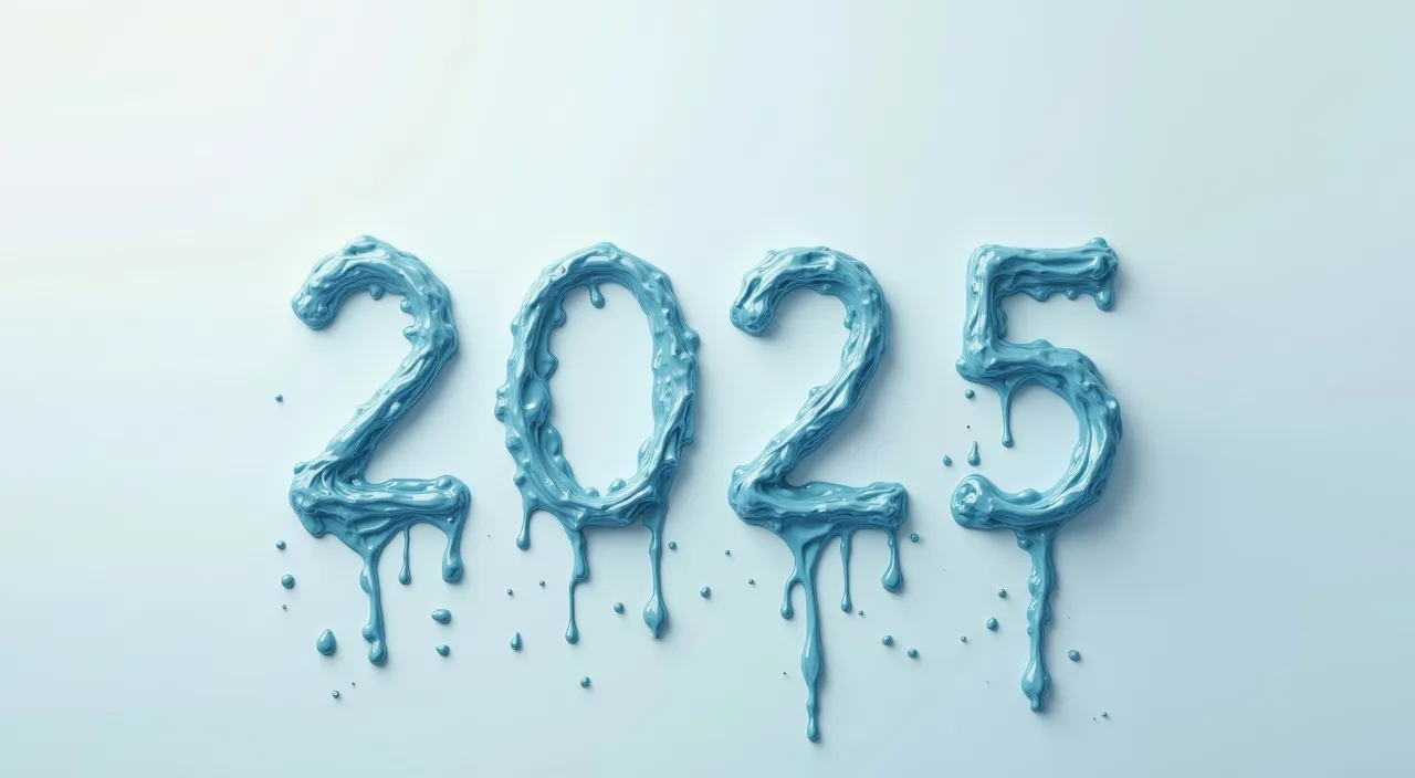 melted 2025 numbers made out of blue paint on a white background