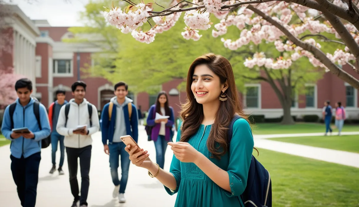 Campus Serenade: On a university campus, a Pakistani girl walking under a blossoming tree, a Bollywood song softly playing from her phone. The 4K wide shot captures students walking by and studying, but her smile and dreamy gaze reveal she is thinking about her boyfriend, who is attending a university in the United States, lost in her own romantic world.