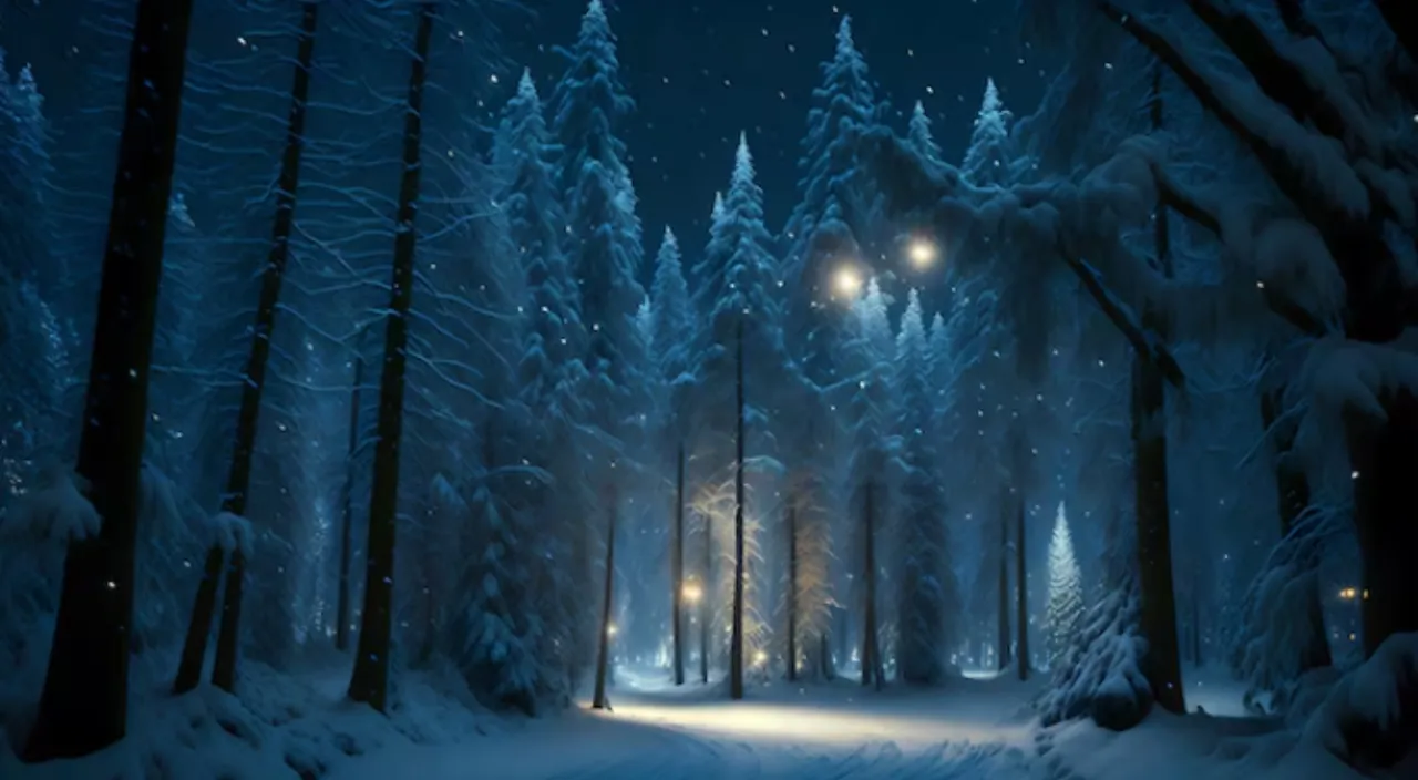 a snowy night in a forest with a street light