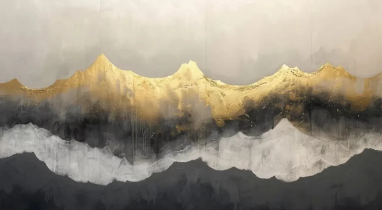 a painting of a mountain range with gold and black paint