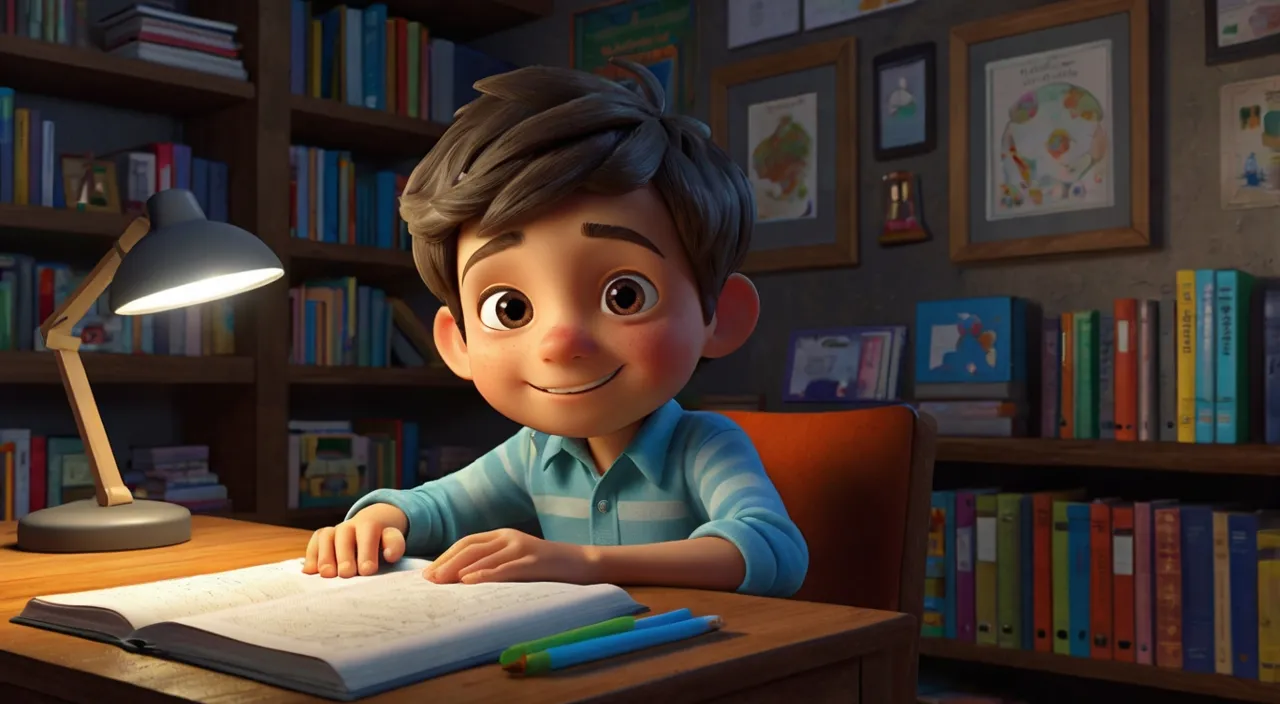 a young boy sitting at a desk in front of a book