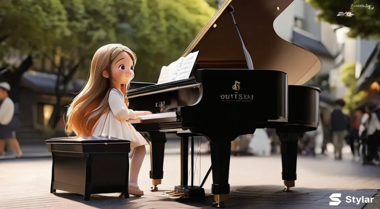 A young beautiful girl with long hair, full body,the girl smiles and plays the piano