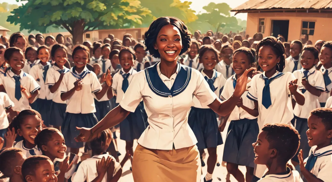 a woman standing in front of a group of children