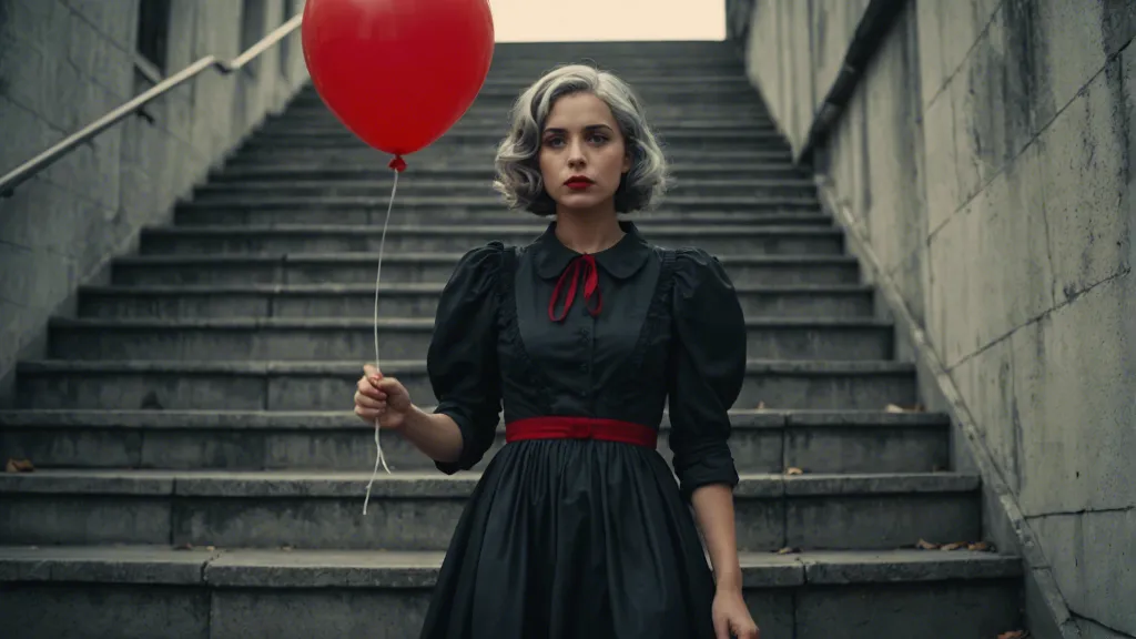 a woman in a black dress walking downstairs holding a red balloon