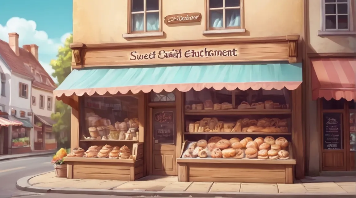 a painting of a street corner with a bakery in a sunny morning