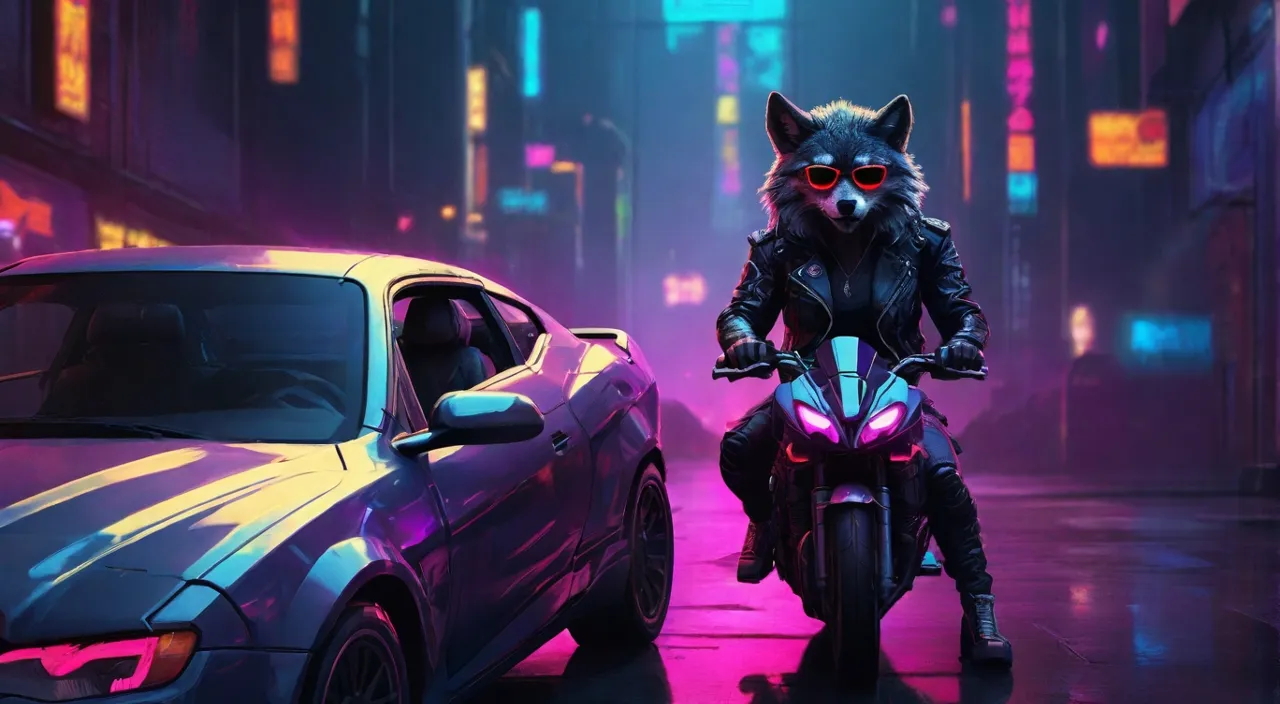 a person riding wolf a motorcycle next to a car