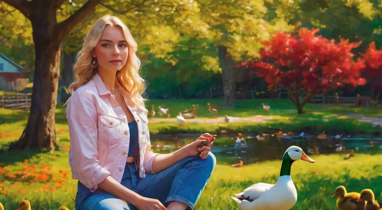 a painting of a woman sitting in a field with ducks