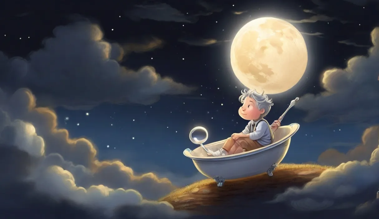 a little boy sitting in a bathtub with a giant moon above him.cartoon