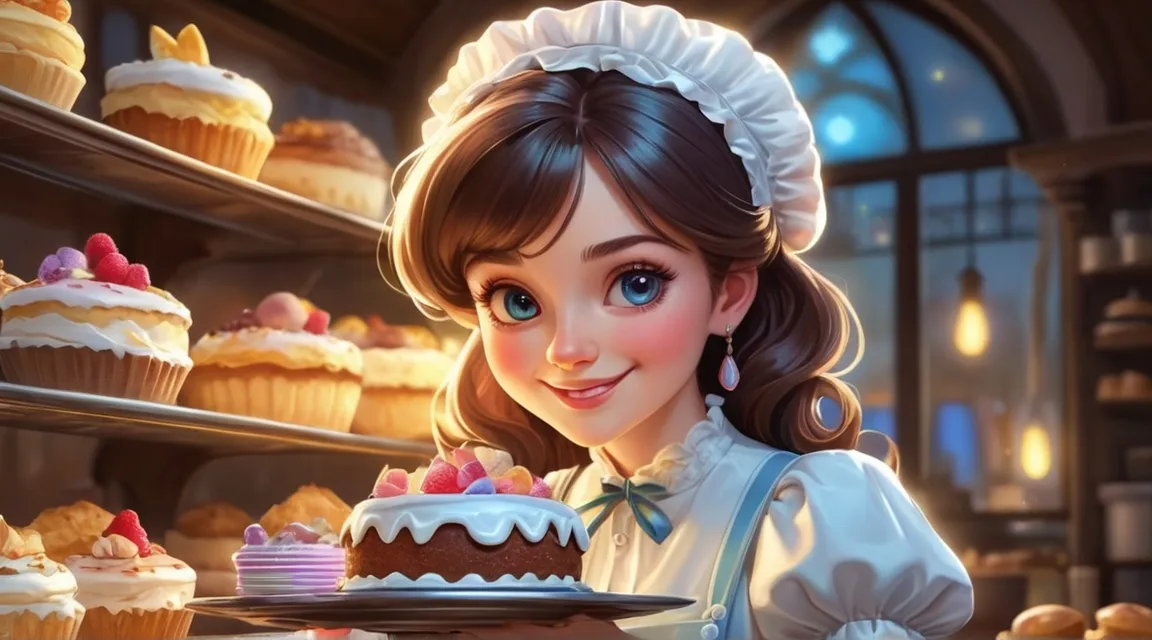 a girl holding a plate of cupcakes in a bakery