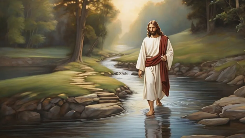 a painting of jesus walking through a river