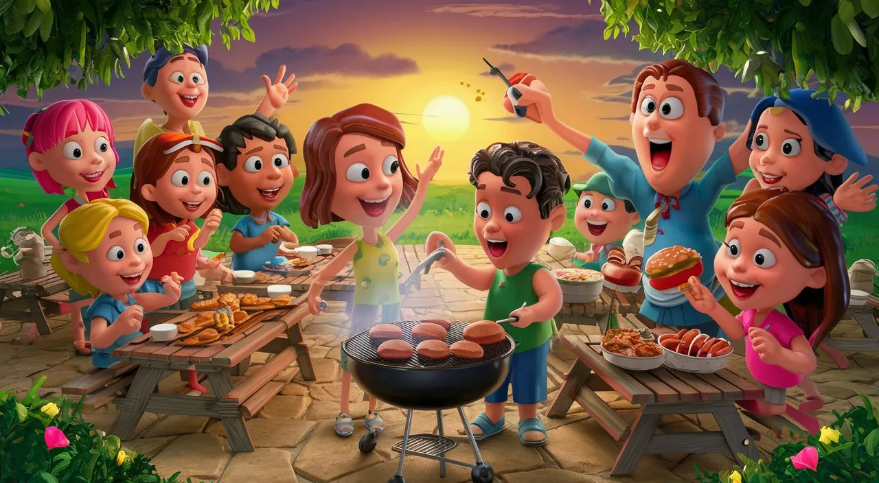 a group of people standing around a bbq grill