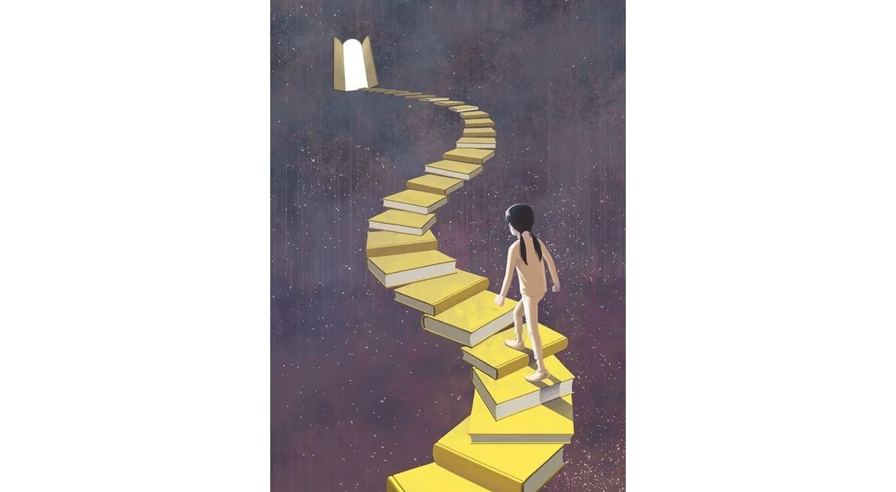 a painting of a woman walking up a yellow staircase