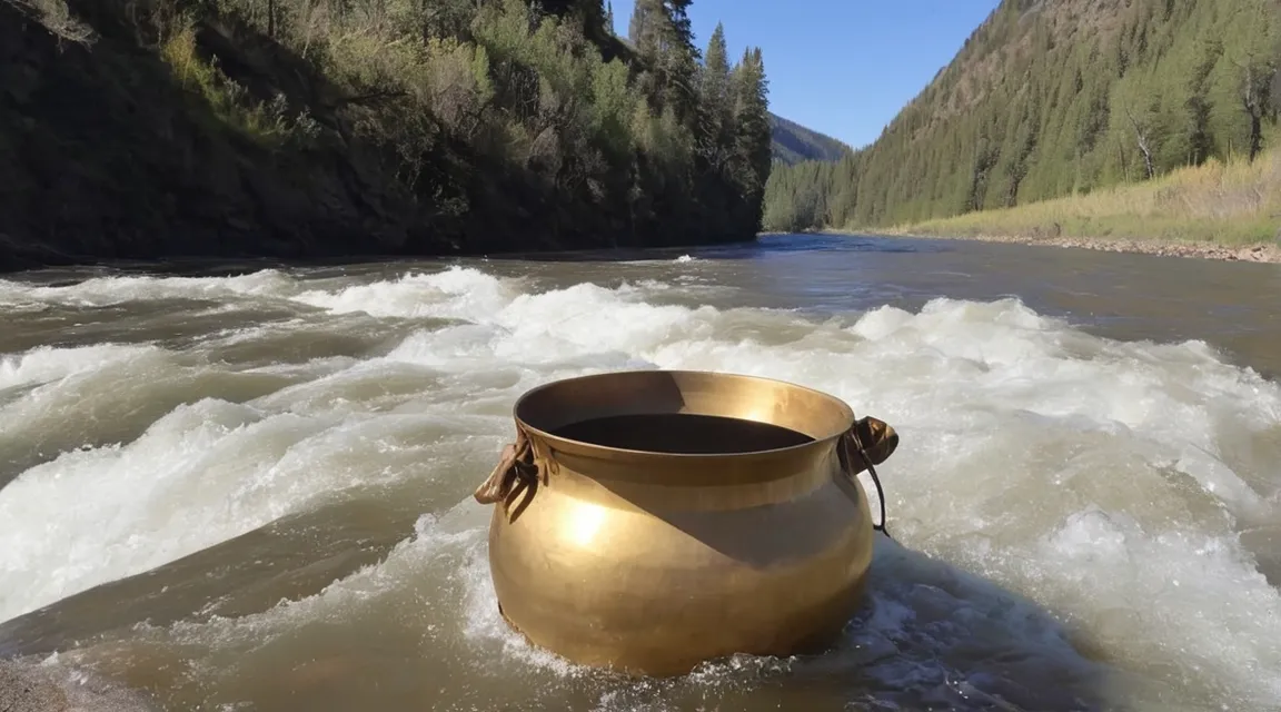 a large metal pot sitting on top of a river