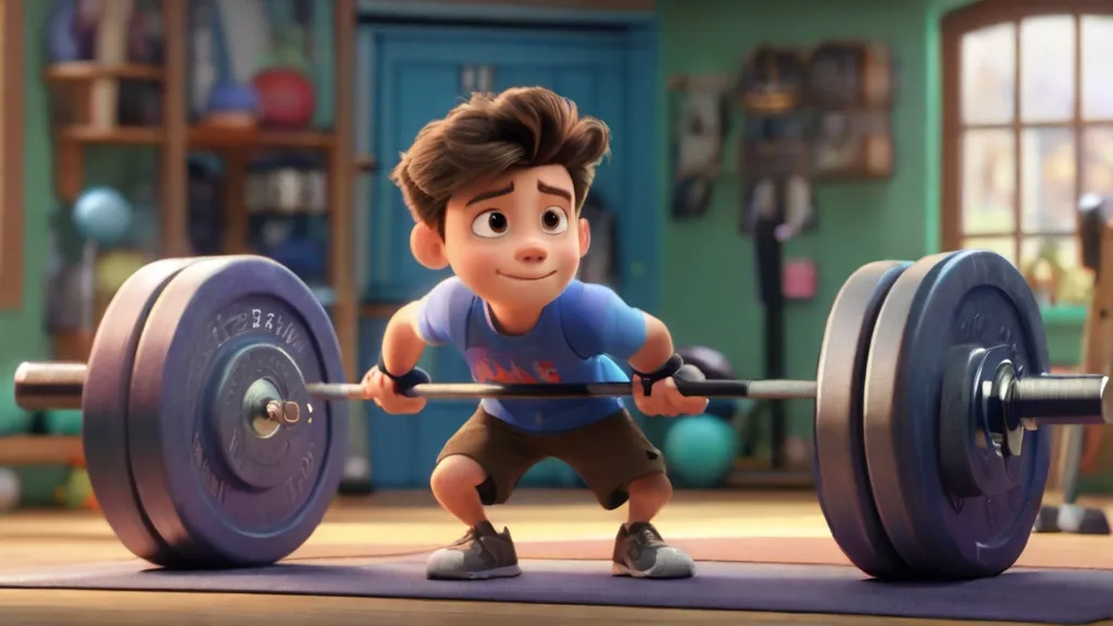 a small boy practicing weightlifting in a gym