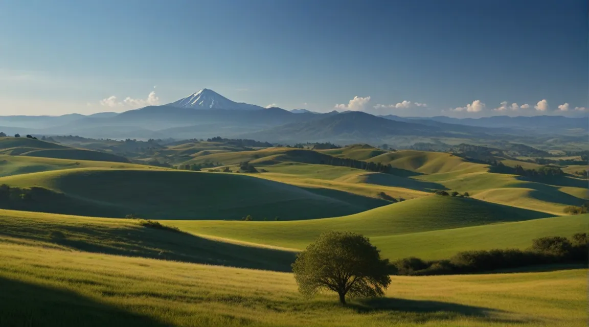 a field with a tree and a mountain in the background