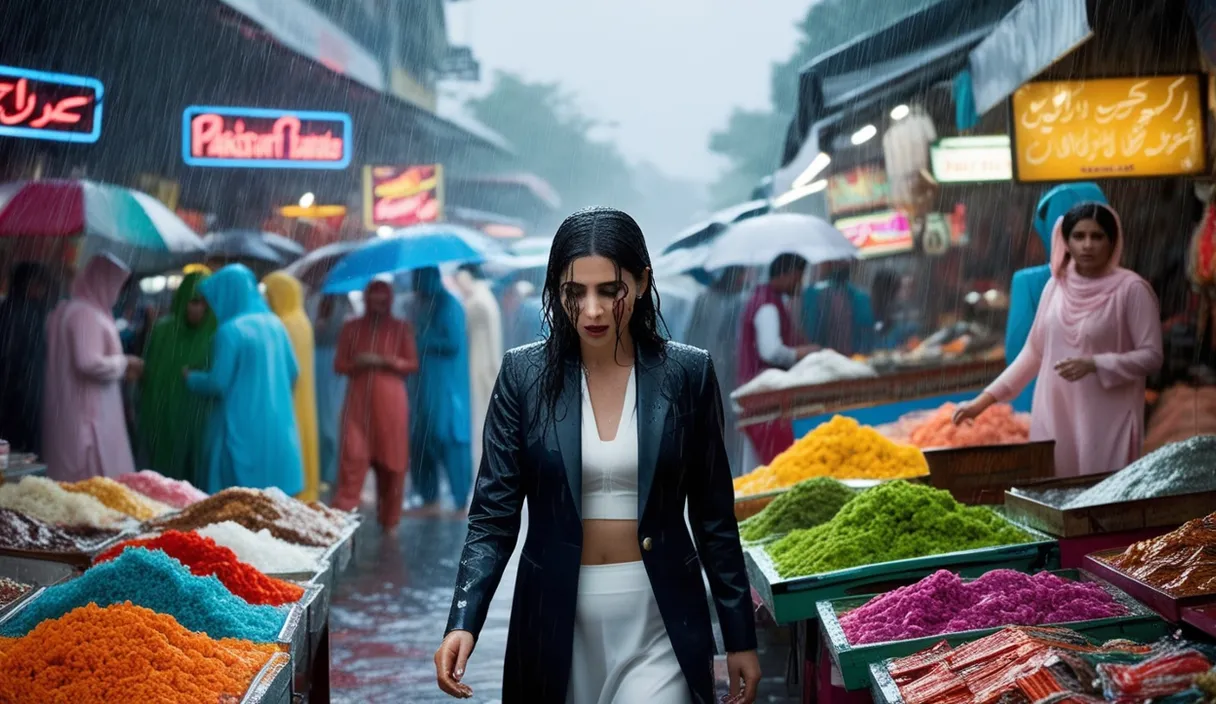 Monsoon Market (8K): Rain pummels a bustling bazaar, blurring neon signs. A lone Pakistani woman, tears mixing with rain, searches the crowd, her modern outfit a stark contrast to colorful displays.