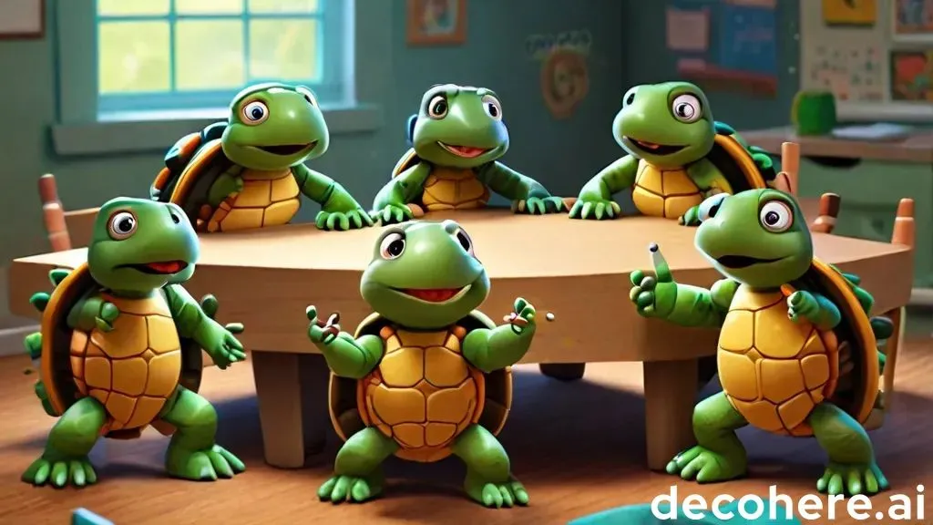 a group of animated turtles sitting around a table