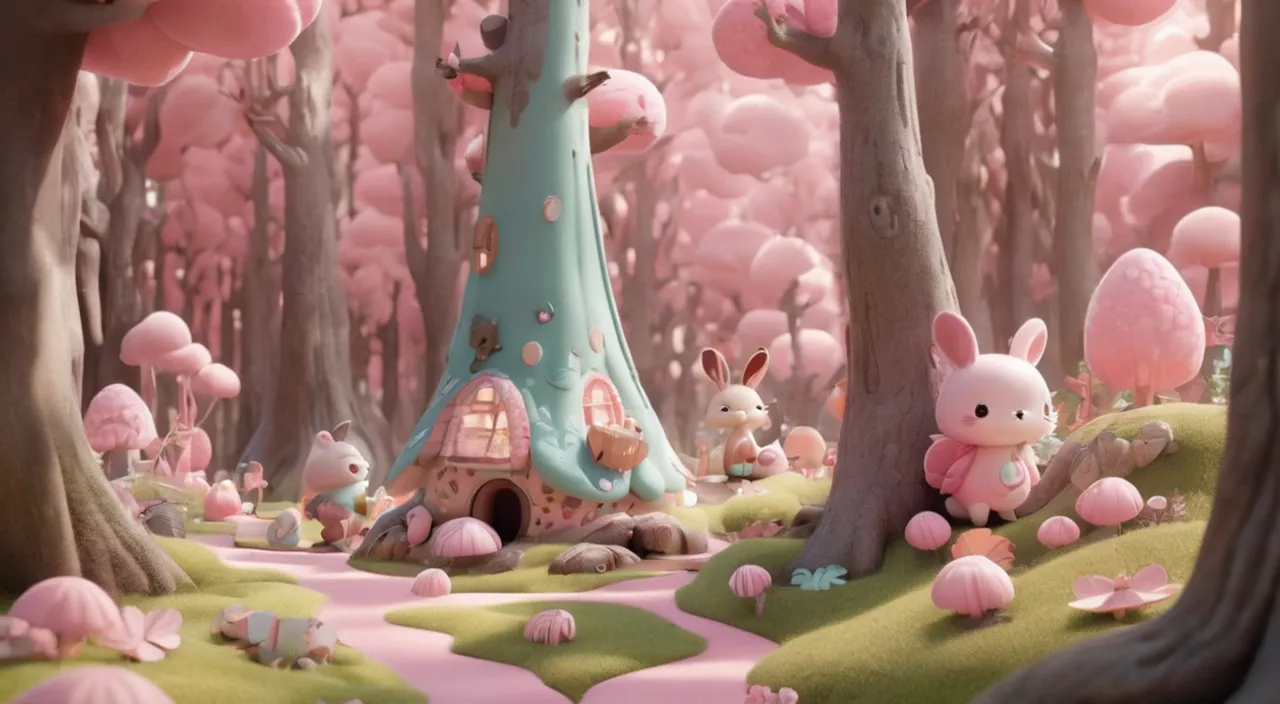 a cartoon scene of a pink forest with a bunny house