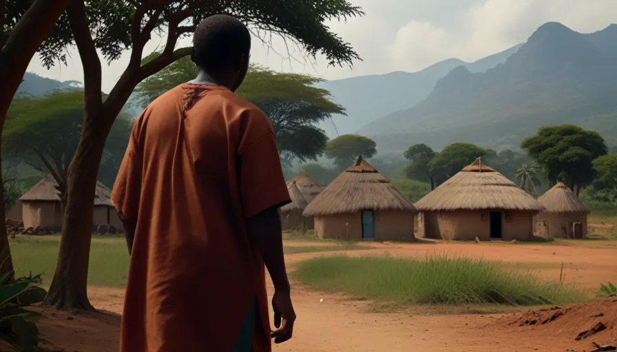 a man standing in front of a village