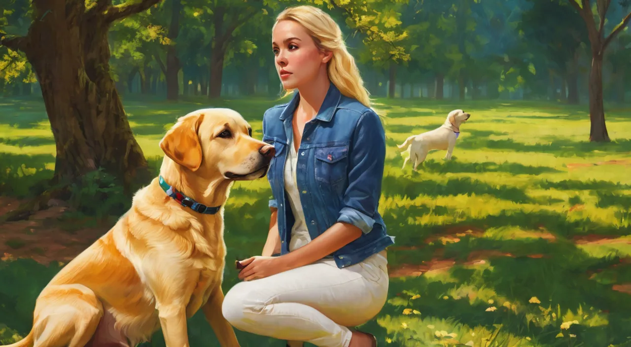 a woman kneeling next to a white Labrador dog