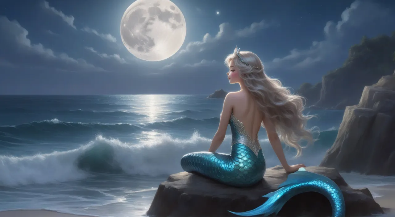 a mermaid sitting on top of a rock next to the ocean