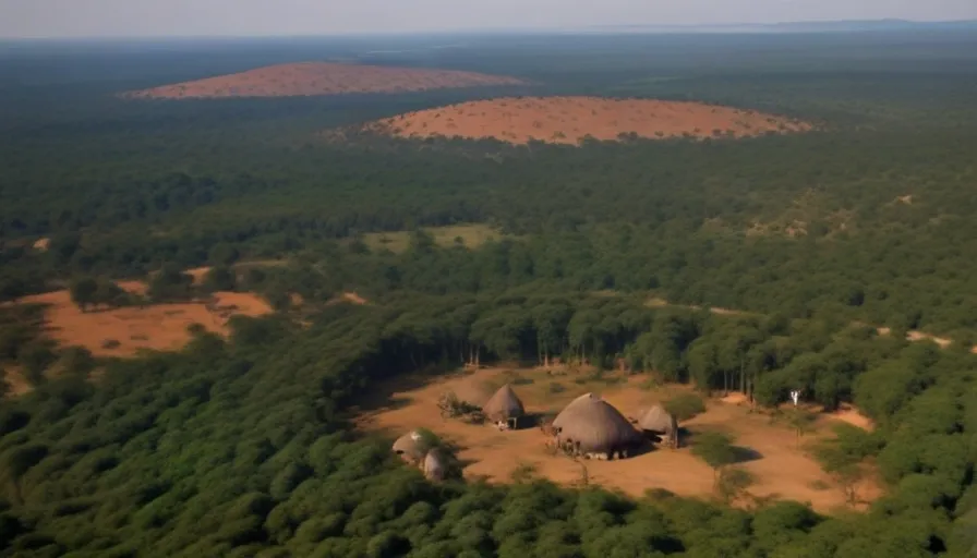 an aerial view of a forest with a hut in the middle of it