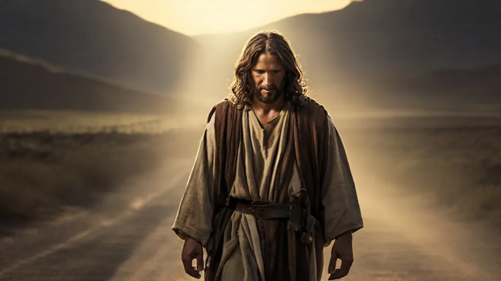 jesus walking down a dirt road with mountains in the background