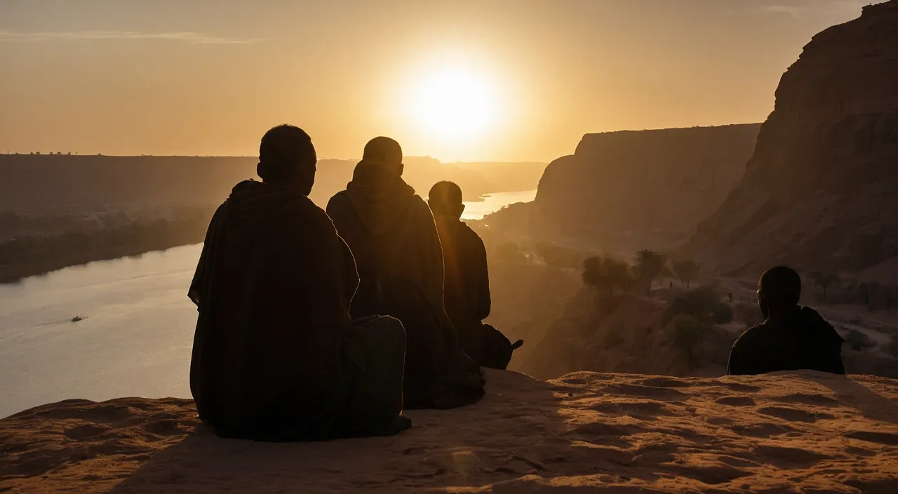 a group of people sitting on top of a cliff