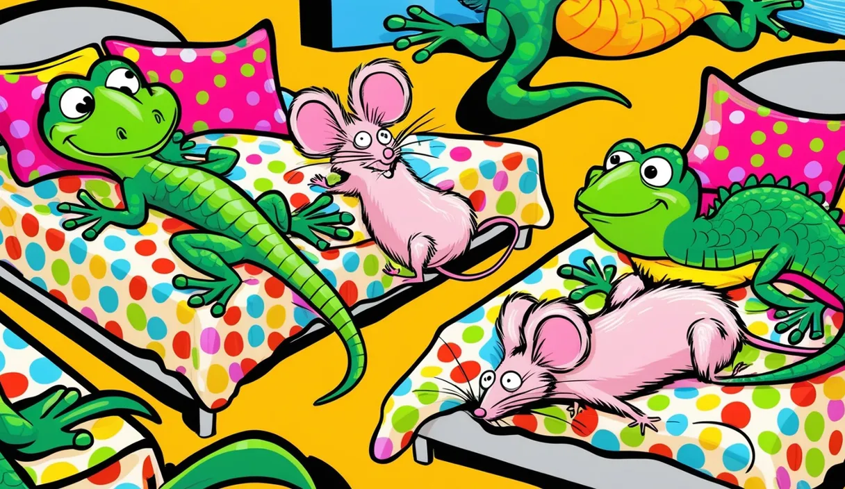 a group of cartoon animals laying on top of a bed