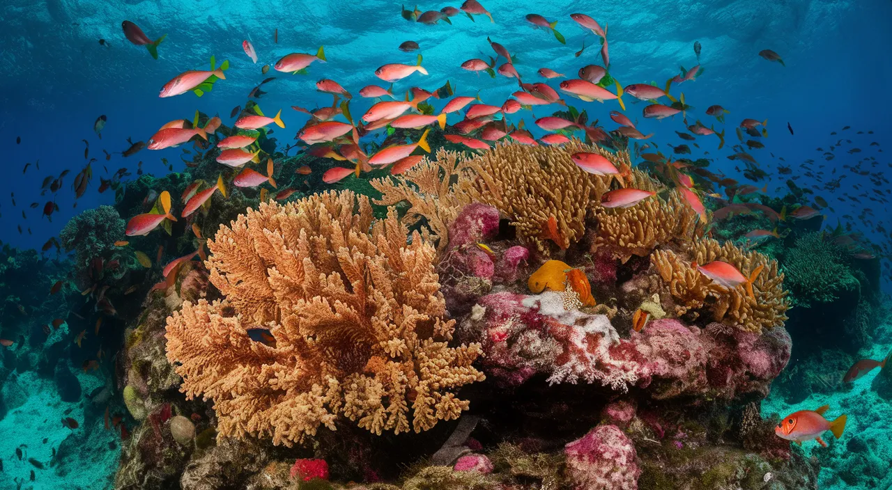 a large group of fish swimming over a coral reef