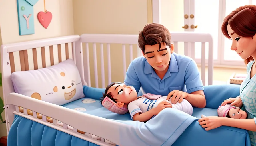 a couple watching over their baby who is sleeping in a crib