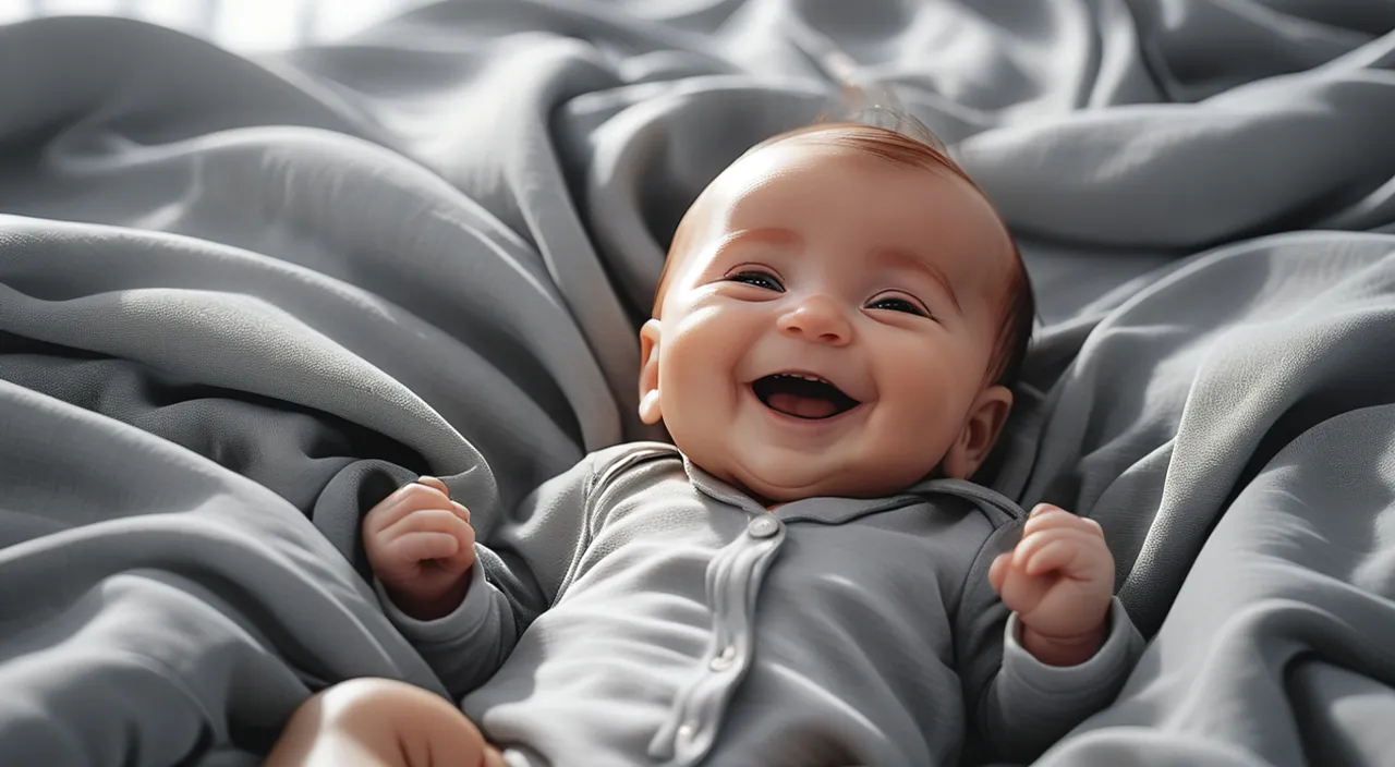 a smiling baby laying on top of a blanket