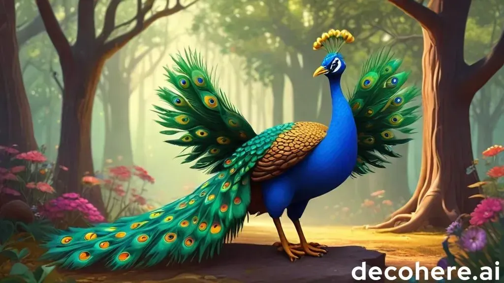 a painting of a peacock standing in a forest