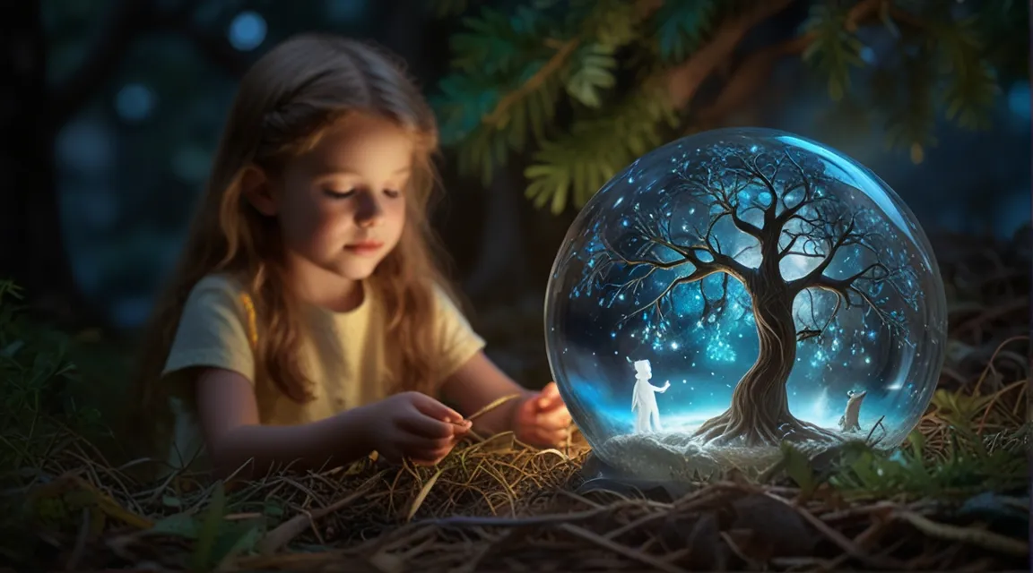 a little girl is playing with a snow globe